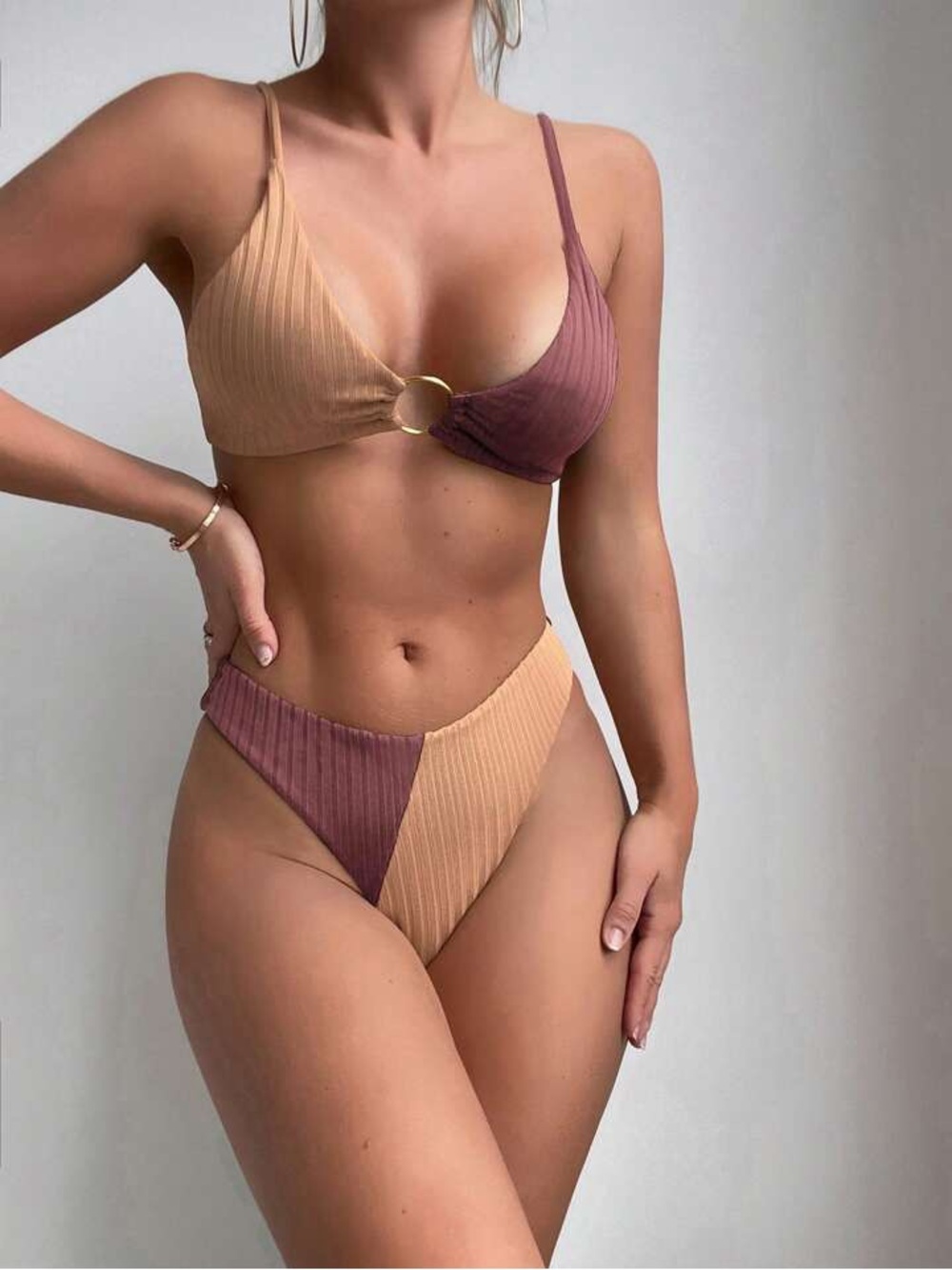 SHEIN Two-Tone Ribbed Ring-Front Bikini in Beige & Mauve